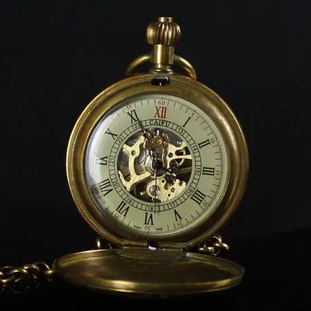 

old brass Pure Copper Train Skeleton Mechanical Pocket Watch t200