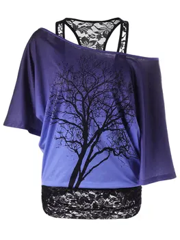 

Women Summer 2019 Tshirt Tree Print Casual Short Sleeve Tops Tees Sexy Off Shoulder Loose T-Shirt O-neck Lace Patchwork Tops