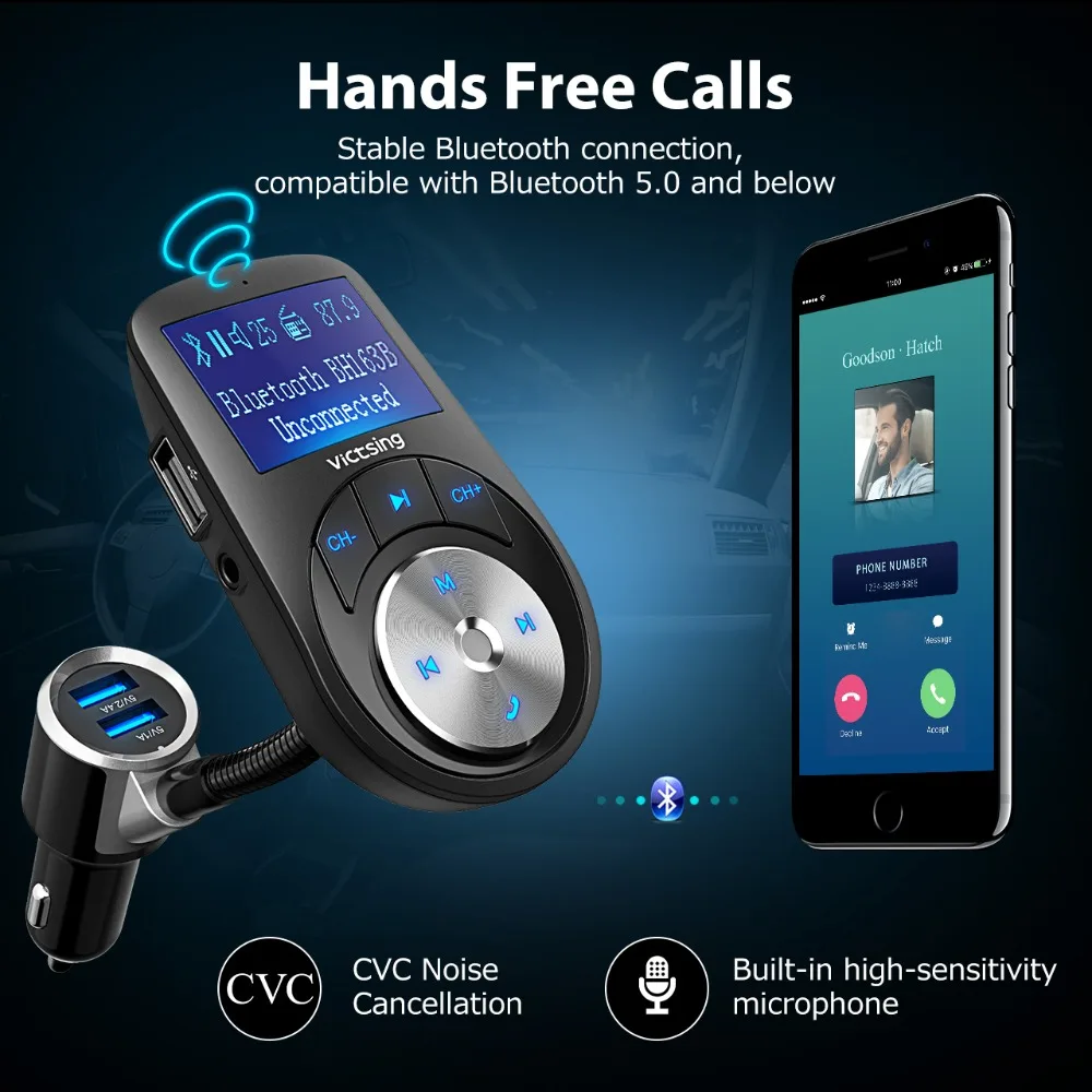 VicTsing New Bluetooth Transmitter Wireless Hand-free Car Kit MP3 Auto Player With Large ScreenDual USB PortsTF Card Slot (5)