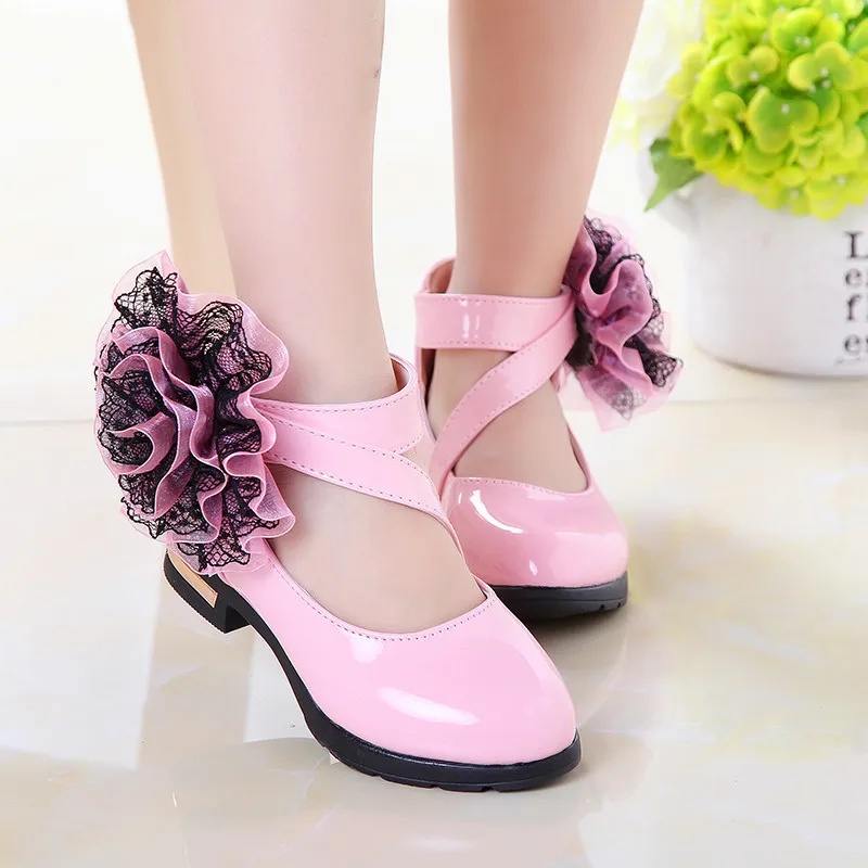 Весенняя детская обувь, обувь для девочек, кожаная обувь для девочек, детская гладиаторская обувь принцессы в римском стиле с цветочным принтом, большие размеры 27-37 - Цвет: Розовый
