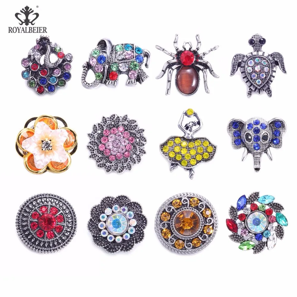 ROYALBEIER 6pcs/lot Colorful Rhinestone Flower Animals Metal Snap