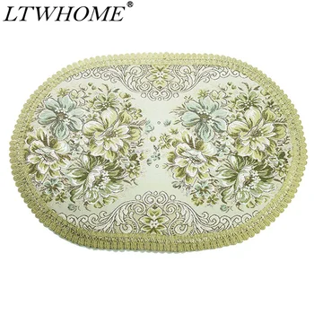 

LTWHOME Green Flower Embroidered Cutwork 17.7" x 12.8" Doily Satin Fabric Oval Table Placemat,Coaster