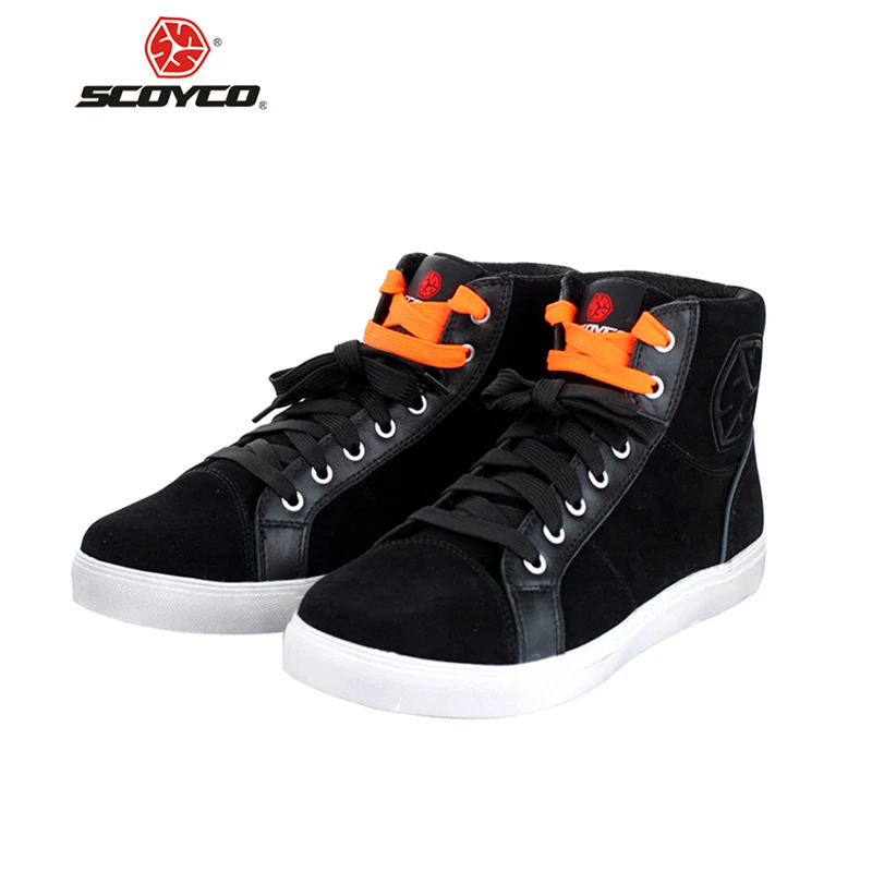 SCOYCO Fashion Casual Wear Motorbike Riding Shoes Brushed Leather Motorcycle Boots Street Racing Boots with Multicolor Shoelace