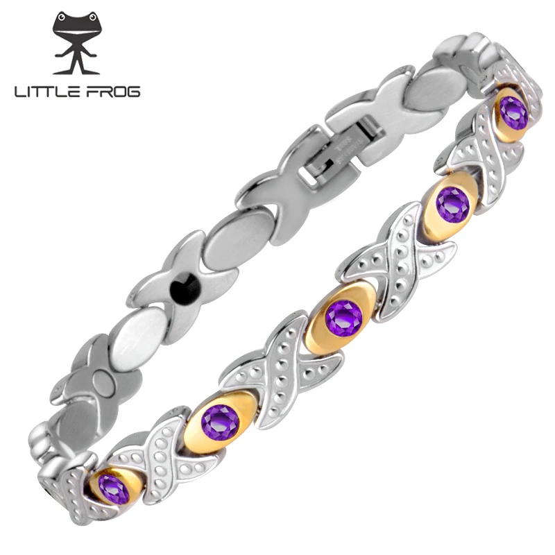 Маленькая лягушка, фиолетовый драгоценный камень, браслет, магнитный энергетический Шарм, браслеты из нержавеющей стали, модные ювелирные изделия для женщин 10283