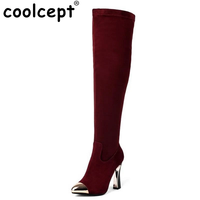 

Women Vintage Boots Genuine Leather Over Knee Boots Sexy High Heel Metal Pointed Toe Botas Winter Zipper Women Shoes Size 34-39