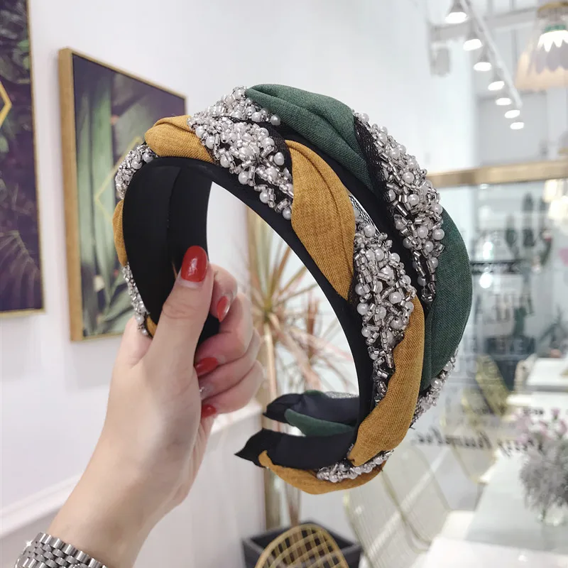 

Colorful Crystal Chain Pearl Headbands For Women Satin Hairbands Korea Hair Accessories Hair Bands For Women Bows Head Wrap