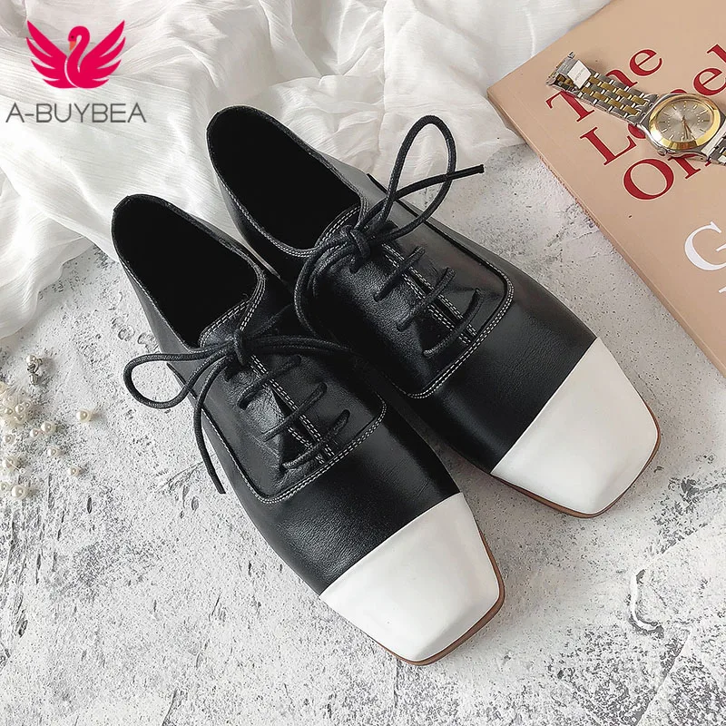 

A-BUYBEA New Women Pumps Lace-up Mix Color Women Shoes Spring Black/White Round Toe Low Heels Real Leather Ladies Casual Shoes