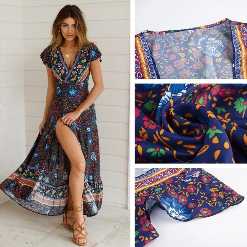 

21 Color Sexy Women long dress Summer 2019 V-neck Short Sleeve Printed Irregular Maxi Dress Chiffon Boho Dress Bandage Vestidos