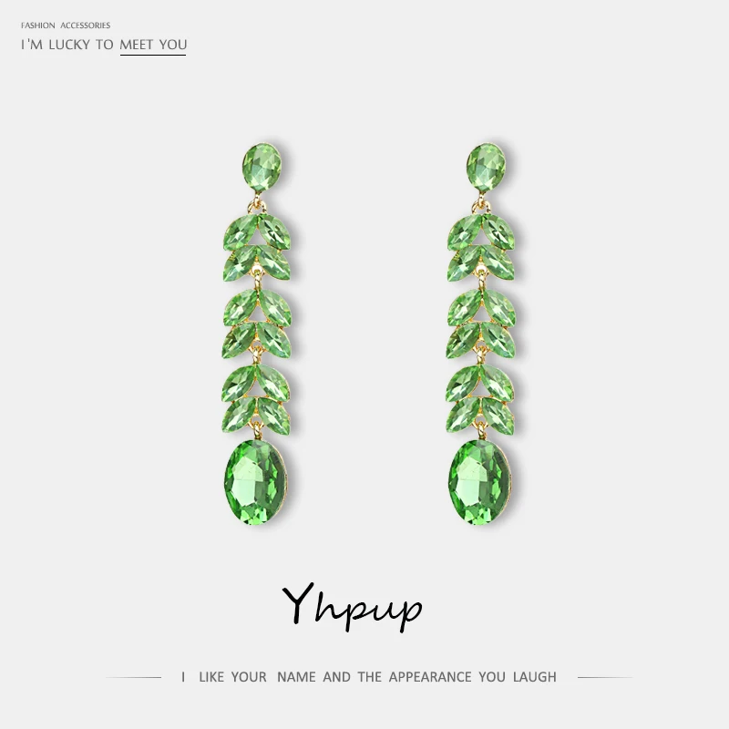 

Yhpup Classic Bling Colorful Leaf Long Dangle Earrings Rhinestone Glass Luxury Jewelry Earrings for Female Party Accessories New