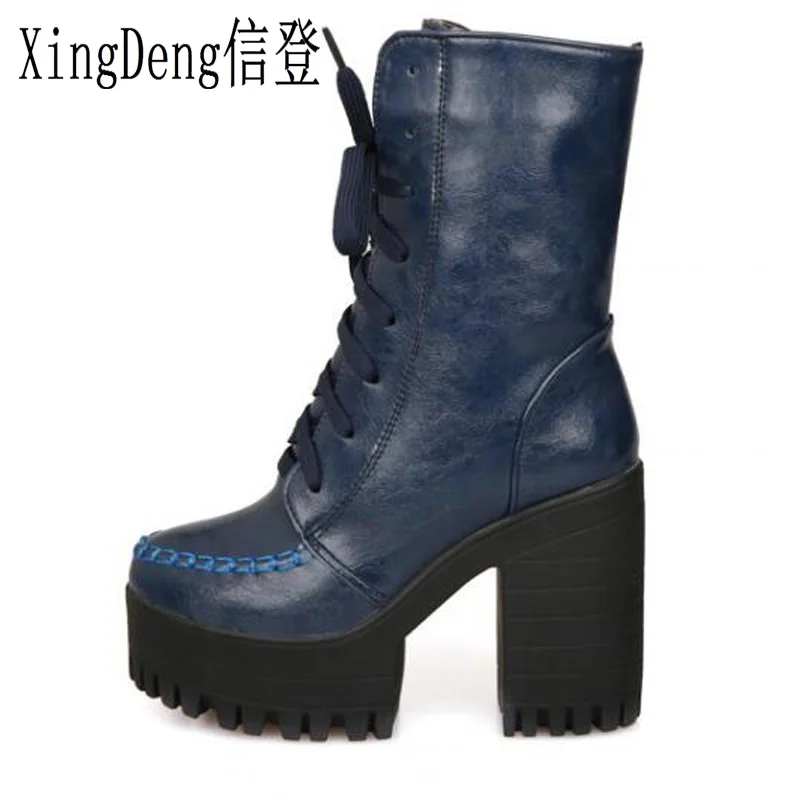 

XingDeng Brand Women Thick Heel Ankle Boots Fashion Winter Sexy High Heel Martin Boots Female Motorcycle Boots Plus Size 32-43