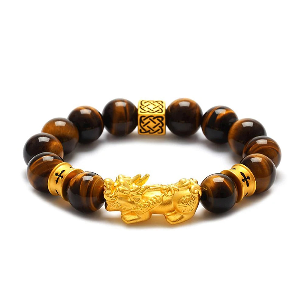 

Natural Tiger Eye Beads Bracelet Imitation Gold 3D Pixiu Bracelet Chinese Feng Shui Men and Women's Jewelry