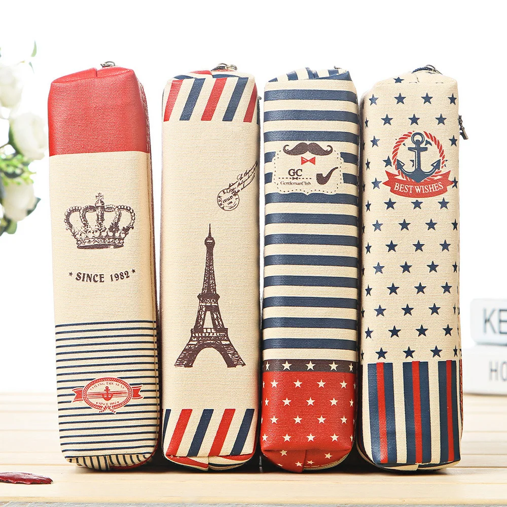 

Kawaii Retro Style Crown Canvas Large Capacity Eiffel Tower Cute Pencil case School Minecraft etui Pencilcase estuche 04841