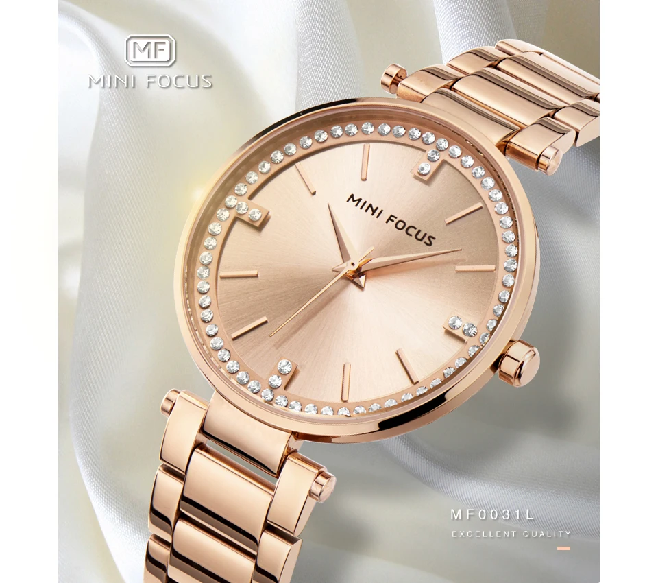 Мини фокус Роскошные Кварцевые женские часы браслет часы дамы ультра тонкий платье стразы бриллианты розовое золото Часы Montre Femme
