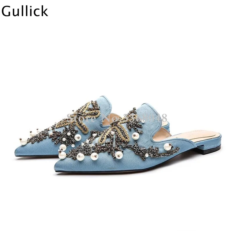 

Fashion Bling Crystal Beading Pearls Woman Blue Slippers Outdoors Beach Wear Pointed Toe Flats Elegant Mules For Female Footwear