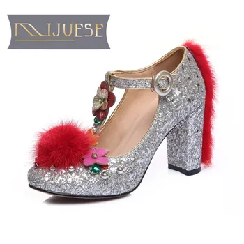 

MLJUESE 2018 women pumps spring T-strap floral crystal party wedding dress silver color platform high heels women size 34-39