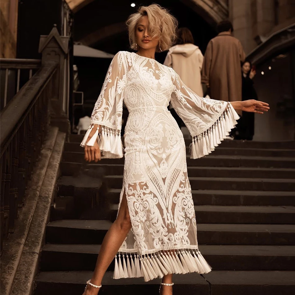 

Seamyla New Arrival Lace Dresses Women Elegant Long Sleeve Fringe White Dress Vestidos Runway Tessels Celebrity Party Dress 2019