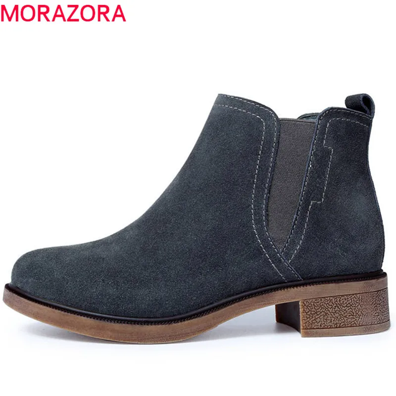 

MORAZORA 2018 large size 33-43 top quality suede leather autumn boots round toe slip on ankle boots for women square heels shoes