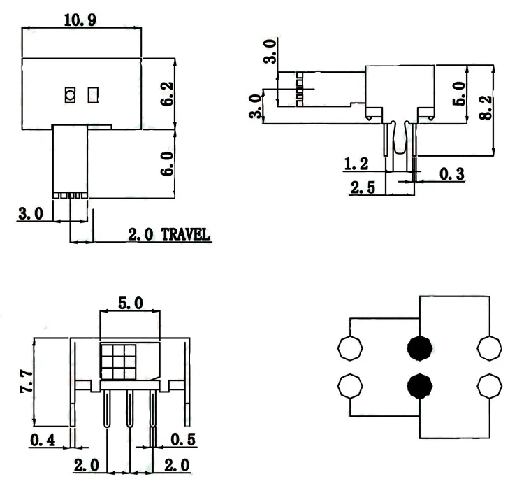 10 шт. вкл 2 положения 2P2T DPDT Миниатюрный скользящий переключатель 6 Pin PCB правый угол