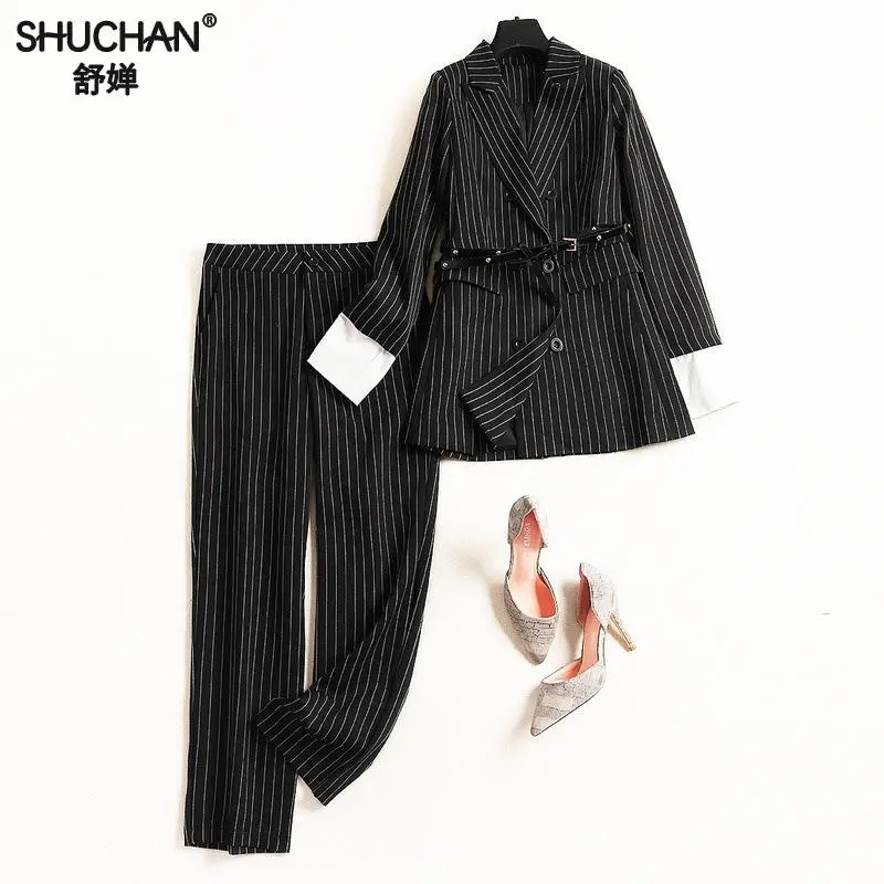 

Shuchan Formal Striped Conjunto Feminino Two Piece Set Blazer+pants Single Breasted Turn-down Collar 2019 spring suit 10410