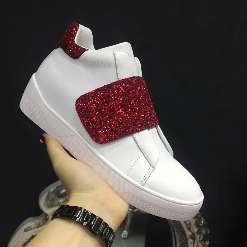 

Woman Sneakers Brand Star Shoes Hook Loop Woman Casual Shoes White Leather Women Shoes Height Increasing Sequined Cloth Shoes