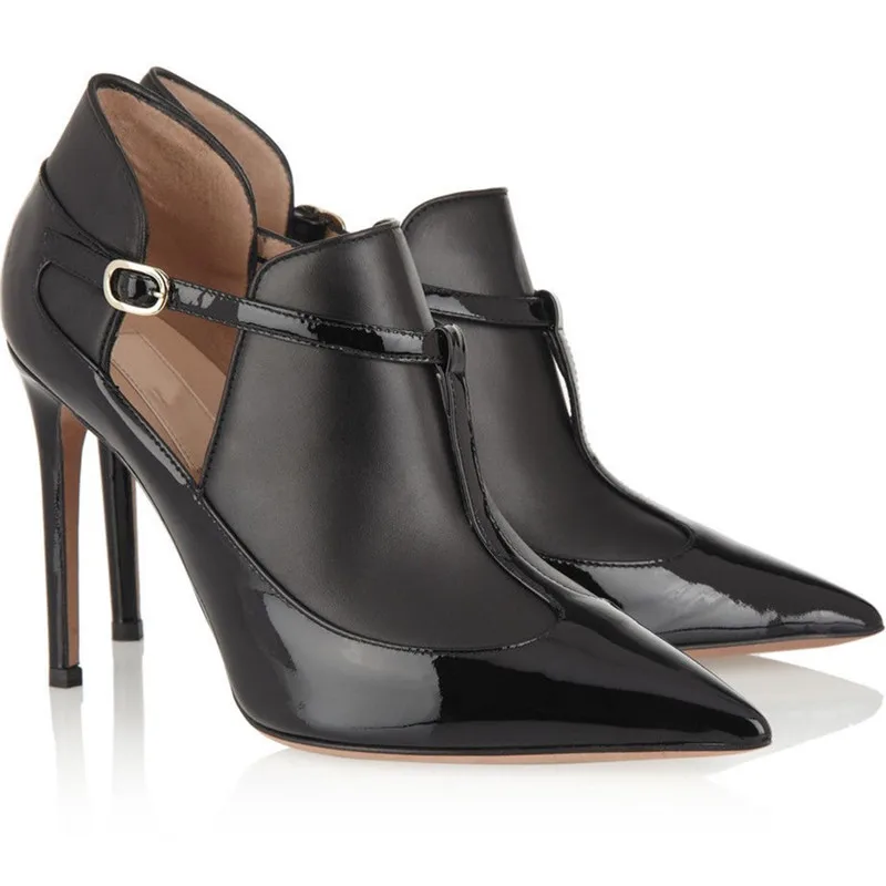 

2019 Pointed Toe Ankle Boots Women Black pu Patent Leather Patchwork Short Booties High Heels T-Strap Pumps Dress Shoes Women