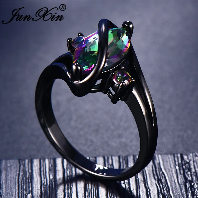 JUNXIN Fashion Male Female Rainbow Fire Zircon Wedding Rings For Men Women Black Gold Filled Horse Eye Stone S Wave Couples Ring