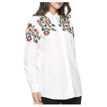 hot sale-Women’s Fashion Floral Embroidery White Long Blouse Oversized Long Sleeve Loose Shirt Office Wear Casual Tops(White,S