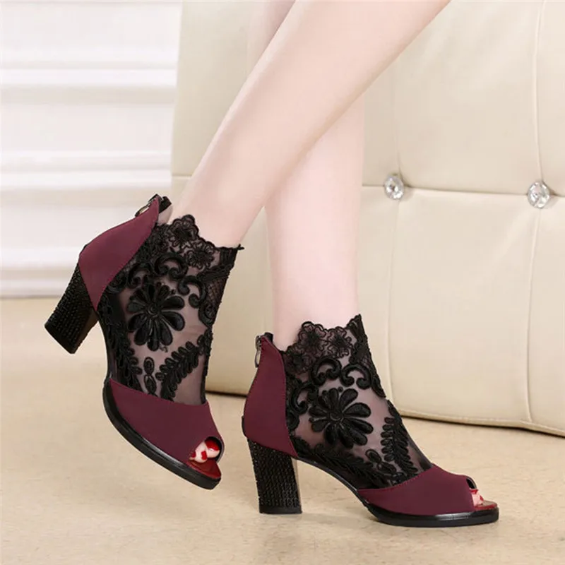 Rimocy summer ankle boots for women square high heels botines mujer lace shoes woman peep toe sandals embroider pumps femme