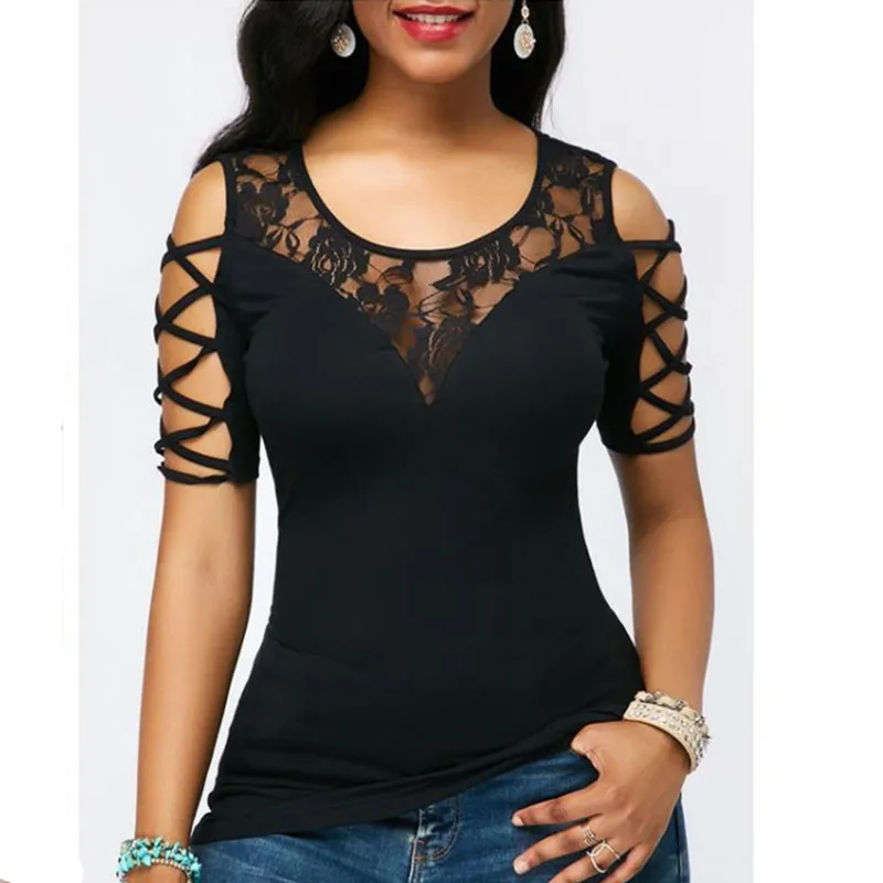 Fashion Wild Temperament Slim Sexy Lace Stitching Hollow Short-Sleeved Shirt 2019 (2)