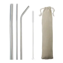 Colorful Reusable Stainless Steel Metal Straws with Cleaning Brush - Bent Drinking Straw Set (Silver)