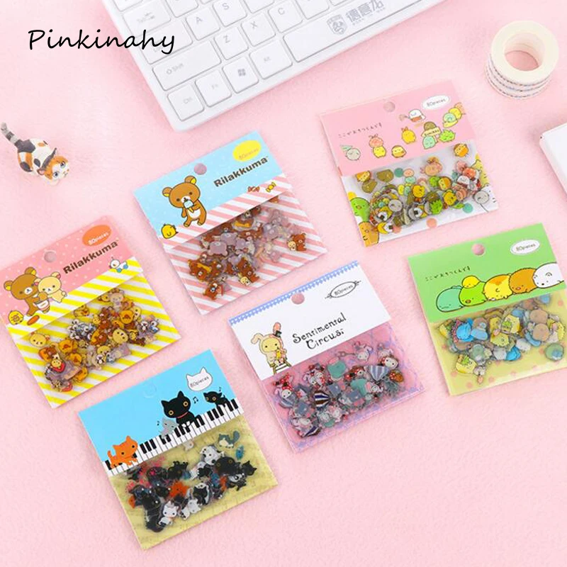 

80 pcs/lot DIY Cute Transparent Kawaii PVC Stickers Lovely Rilakkuma Cat Bear Sticker For Diary Decoration Note Sticker Flakes