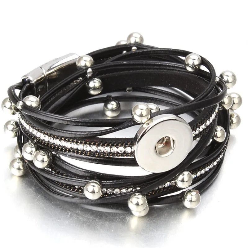 

New Rhinestone Snap Bracelet/Bangle Punk Multilayer Black Bracelets Fit DIY 18mm Snap Button Lederen Armband For Women ZE483