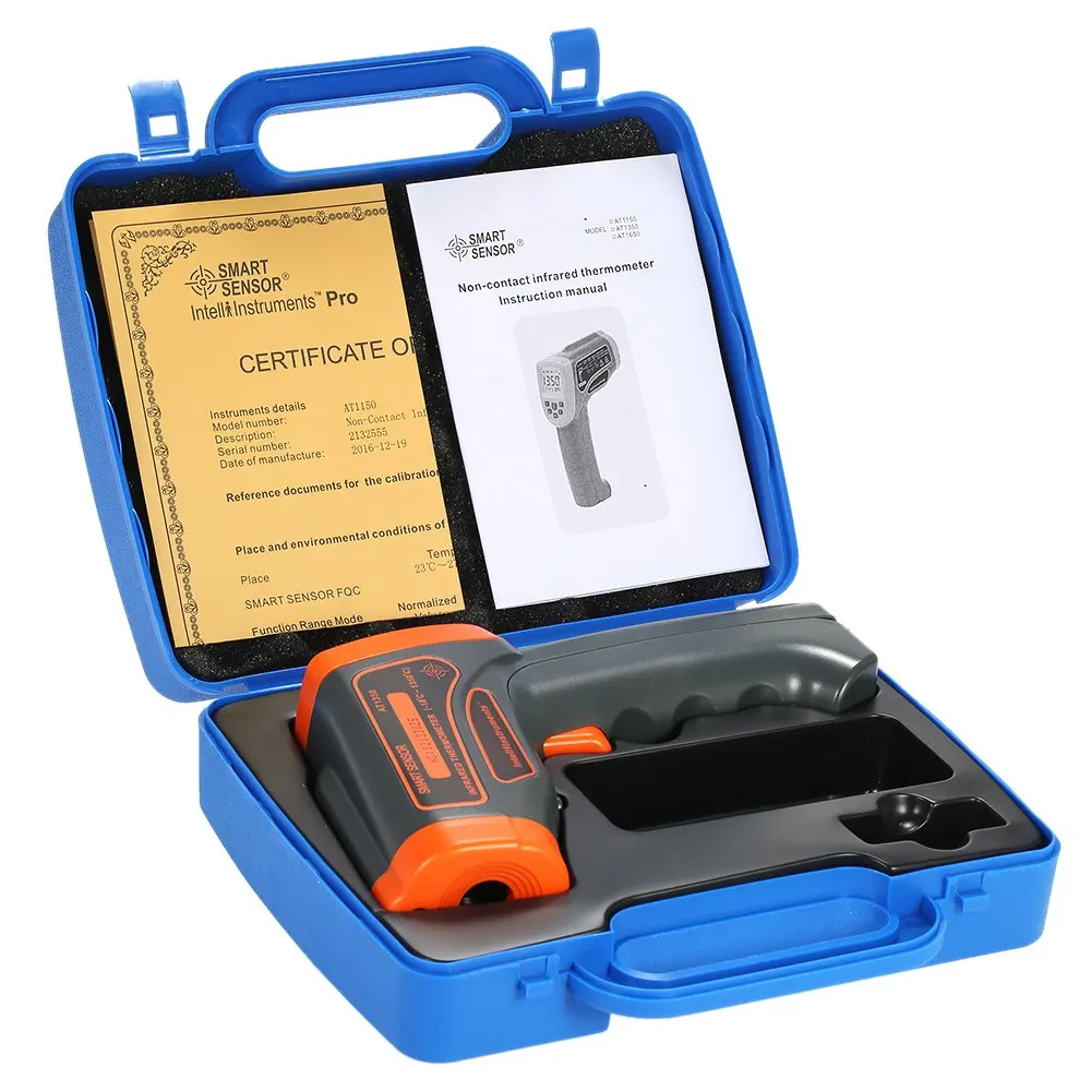 

-18-1650C 20:1 Thermometer IR Infrared Temperature Tester LCD Pyrometer + Backlight C/ F Adjustable Emissivity Data Storage