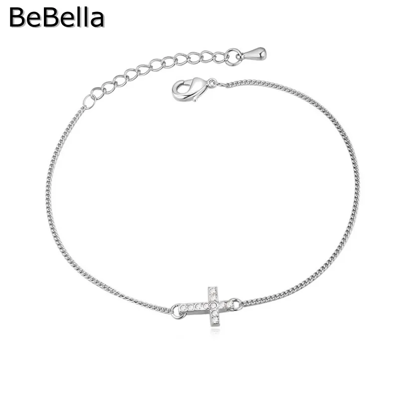 

BeBella christ cross charm thin chain bracelet with Czech crystals fashion jewelry for women girls female gift 2018 in 5 colors