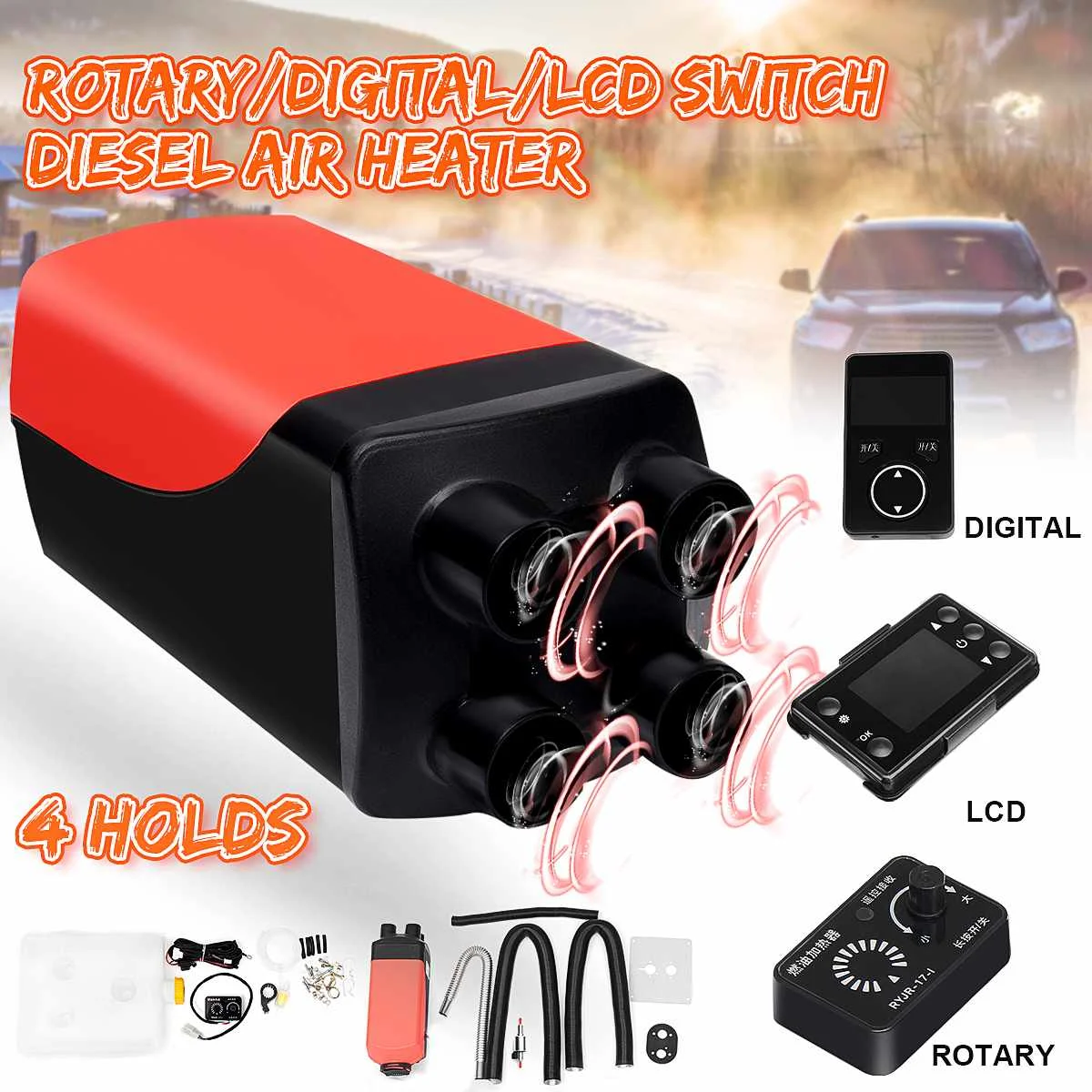 

12V 5000W Car Heater LCD Monitor Air diesels Fuel Heater Four Hole Parking Heater 5KW For Boats Bus Car Heater + Remote Control