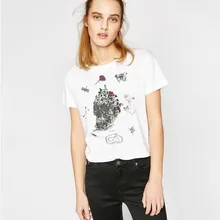 Новые летние уличные модные короткие футболки с круглым вырезом и короткими рукавами с принтом черепа и цветочной вышивкой для девочек