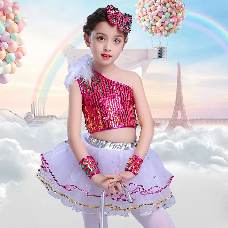 

New children's dance costume female pettiskirt skirt kindergarten modern jazz dance feather sequins performance clothing