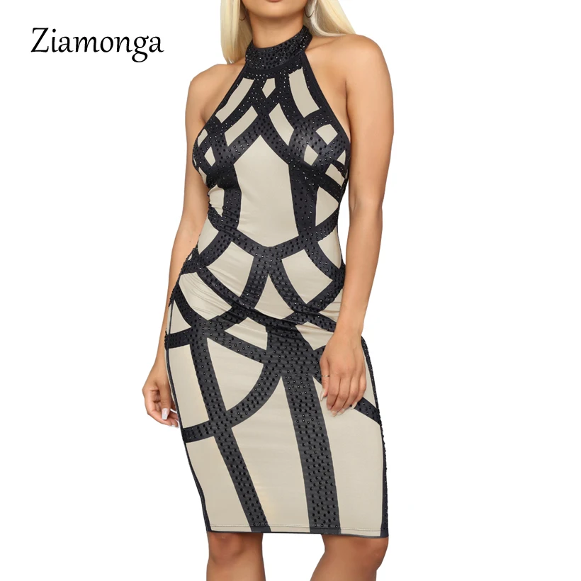 

Ziamonga Women PU Sexy Dress Summer Sleeveless Bodycon Dress Women Halter Bandage Vestidos Off Shoulder Elegant Lady Party Dress