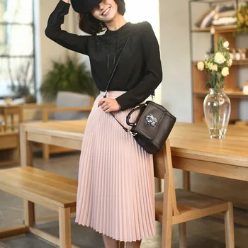 

Droppshiping Women Lady High Waist Elasticity Solid Color Pleated Midi Skirt for Party Holiday BFJ55