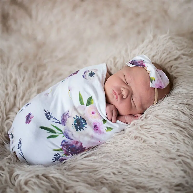 

0-2M Newborn Baby Swaddling Blanket Infant Boys Girls Floral Receiving Blankets Wrap Sleeping Bag+Headband Cloth 2pcs