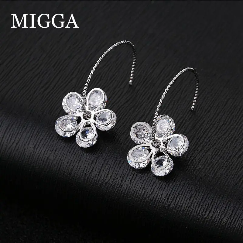 

MIGGA Delicate Cubic Zircon Crystal Flower Dangle Earrings Women Ear Hook CZ Stone Jewelry
