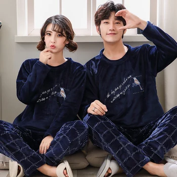 

Autumn Winter Long Sleeved Men Flannel Thick Pajamas Coral Fleece Couple Pajama Sets Simple Pyjamas Women Homewear Size M--3XL