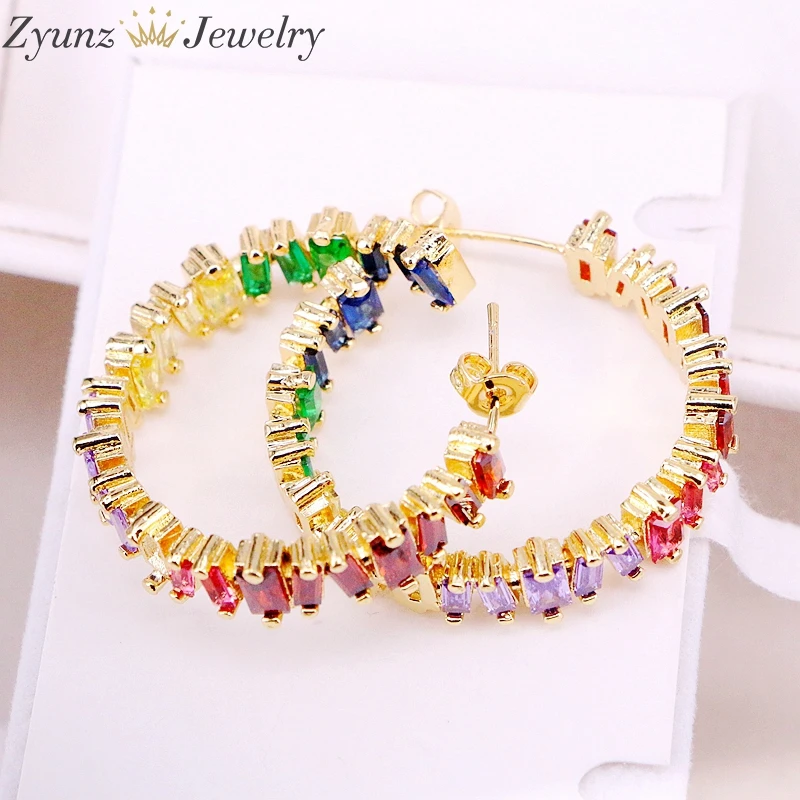 

4Pairs, Rainbow Earrings Studs 2019 Colorful Jewelry Gold Fashion CZ Crystal Zirconia Big Circle Earrings