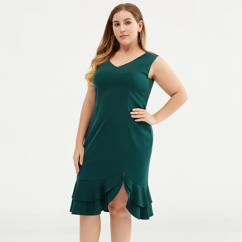 Buykud Sleeveless Solid Loose Vestidos Fashion Green Sleeveless Slit Hem Dress Party Robe Femme 2019 Plus Size L-3XL (9)