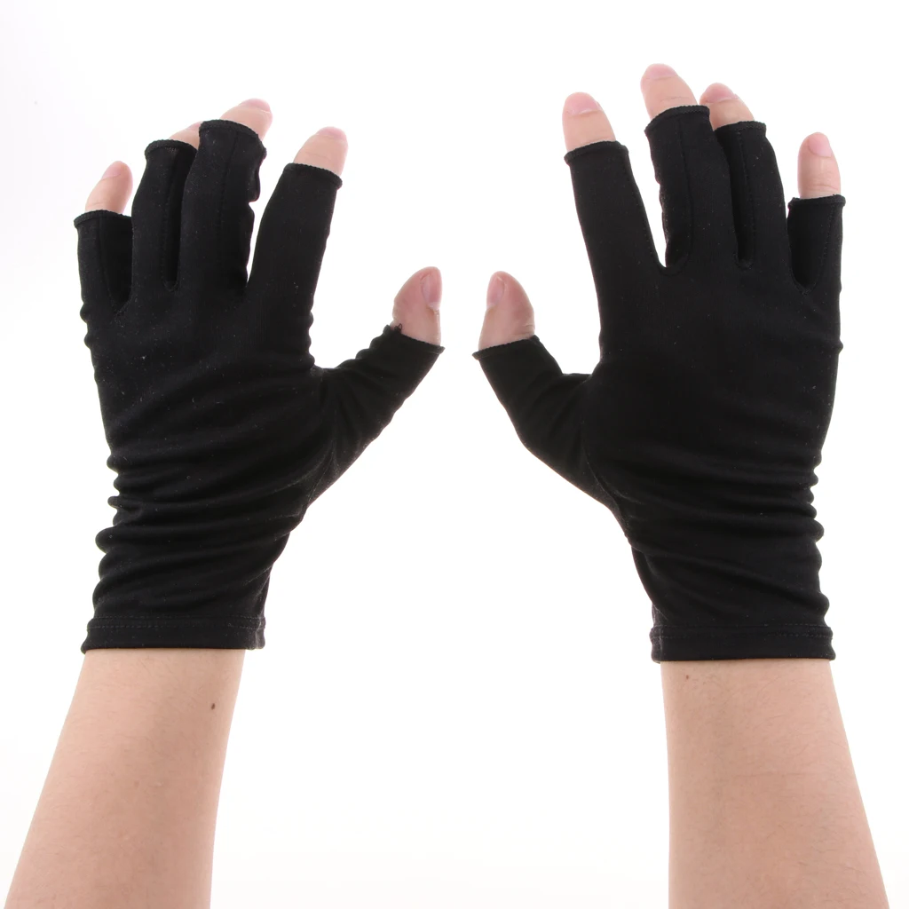 1 Pair Silk Retro Black Beige Womens Stretchy Half Finger Gloves, Soft thin lightweight UV Sun Protect Fingerless Short Gloves