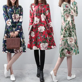 

New Autumn and Winter Traditional Button Long Sleeves Cotton and Linen Woman National Wind Costume Printing Retro Dress