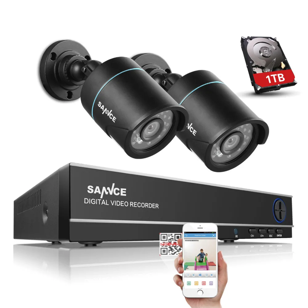 SANNCE 4CH 720P HD Surveillance DVR Recorder and (2) 1280TVL 1.0MP Outdoor Fixed Security Cameras with Super Night Vision