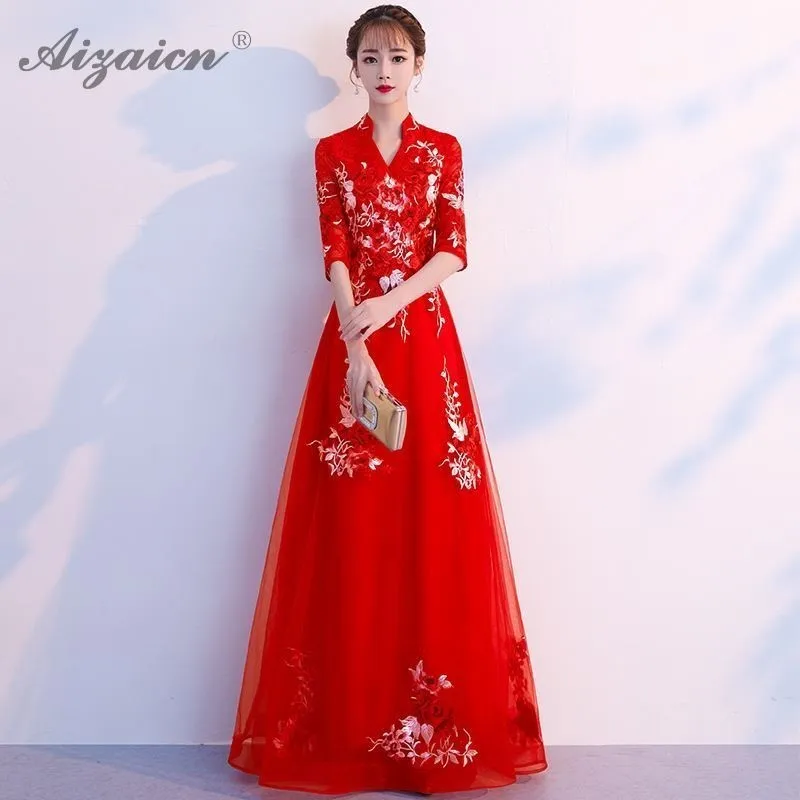 Новинка, Красное Длинное Платье Чонсам с вышивкой, современные оригинальные вечерние платья Qi Pao, женское традиционное китайское свадебное платье Qipao
