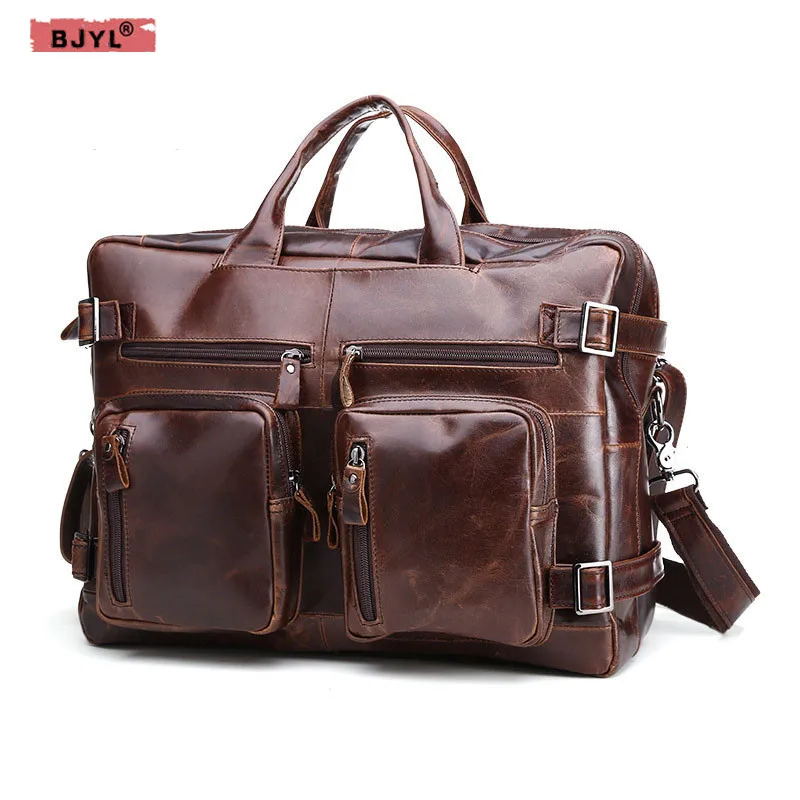 

BJYL Vintage Genuine Leather Men Bags business Laptop Briefcase Portfolio Fashion crossbody Men's Messenger Bags Travel handbags