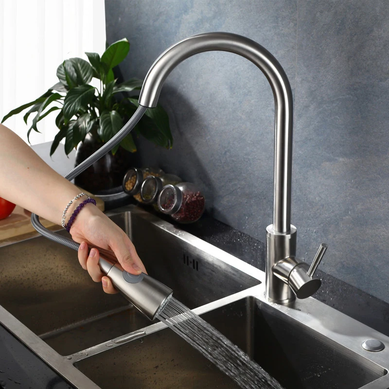  Pull Out Kitchen Sink Faucet Deck Mounted Rotation Swivel Spout Sink Faucet Sprayer Stainless Steel - 33042521831